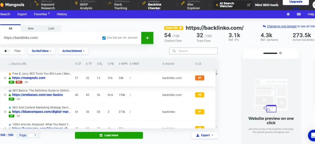 LinkMiner backlink explorer interface Mangools
