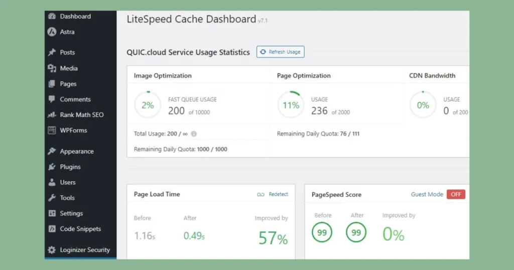 Website Speed Optimization Plugin performance metrics and cache control panel screenshot
