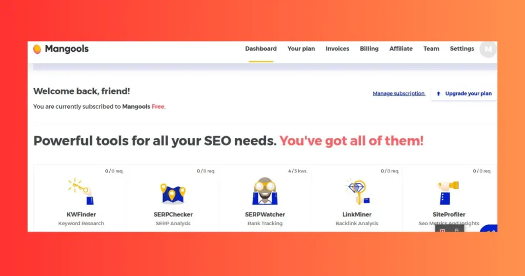 Mangools SEO software dashboard showing keyword research and rank tracking