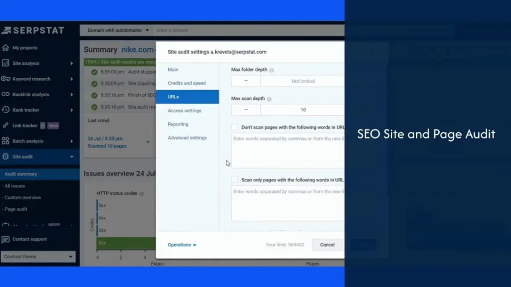 Serpstat site audit report highlighting technical SEO issues and health score
