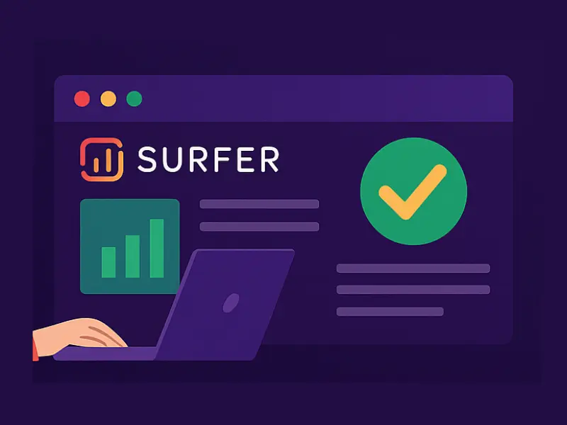 Promotional graphic highlighting Surfer-SEO-Review features such as content optimization, keyword scoring, and SERP analysis tools.
