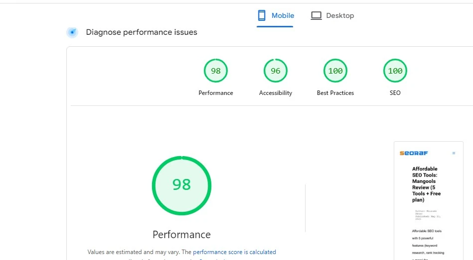 PageSpeed Insights mobile score 98 indicating fast mobile performance optimization