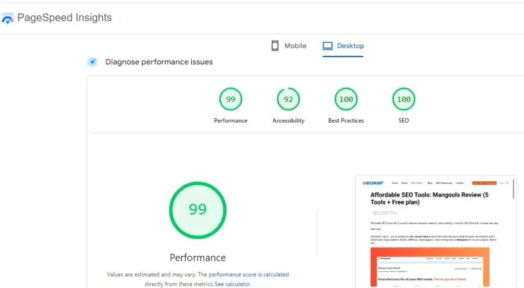 PageSpeed Insights desktop score 99 showing excellent website performance