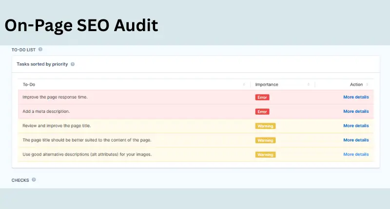 On-page SEO audit showing optimized title tags, headers, and internal linking structure