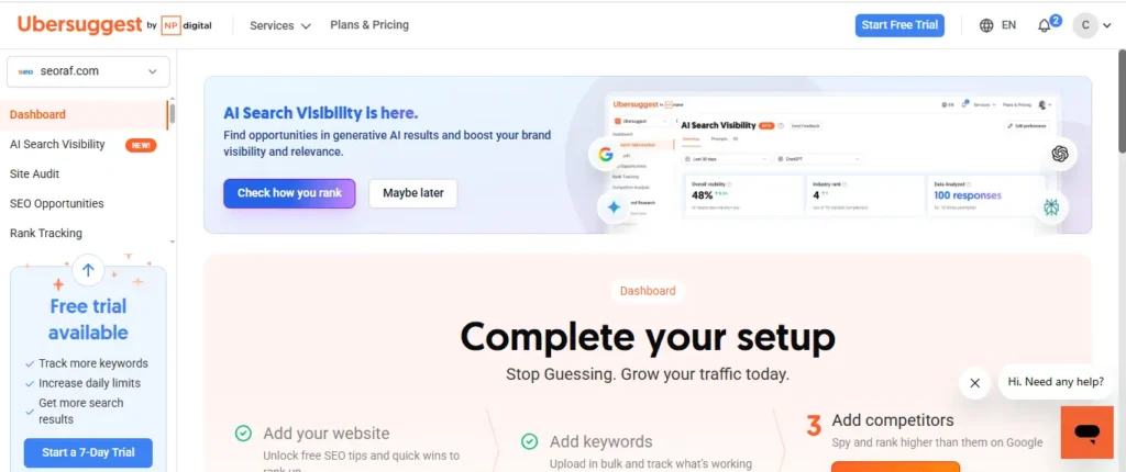 Ubersuggest Review dashboard overview