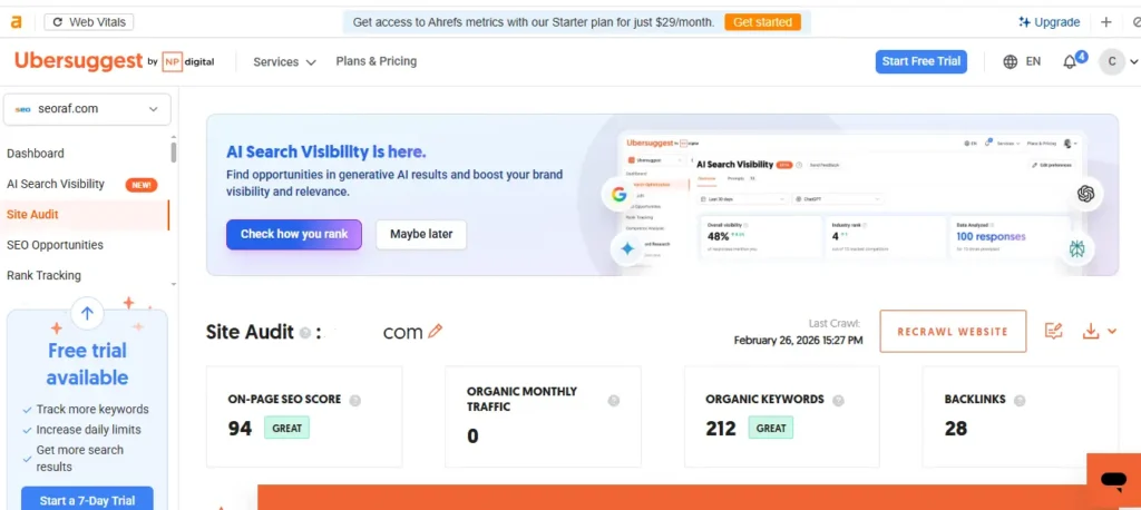Ubersuggest Review site audit report showing SEO issues and recommendations