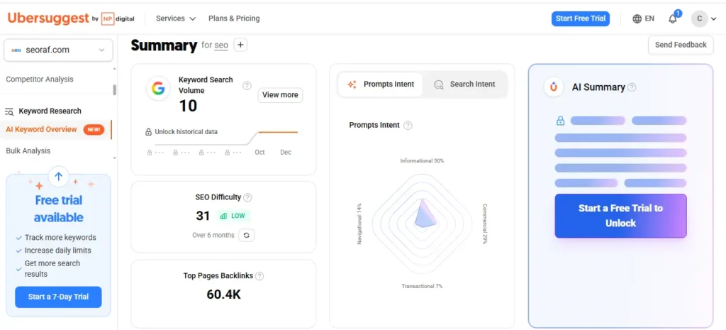 Ubersuggest keyword research tool interface