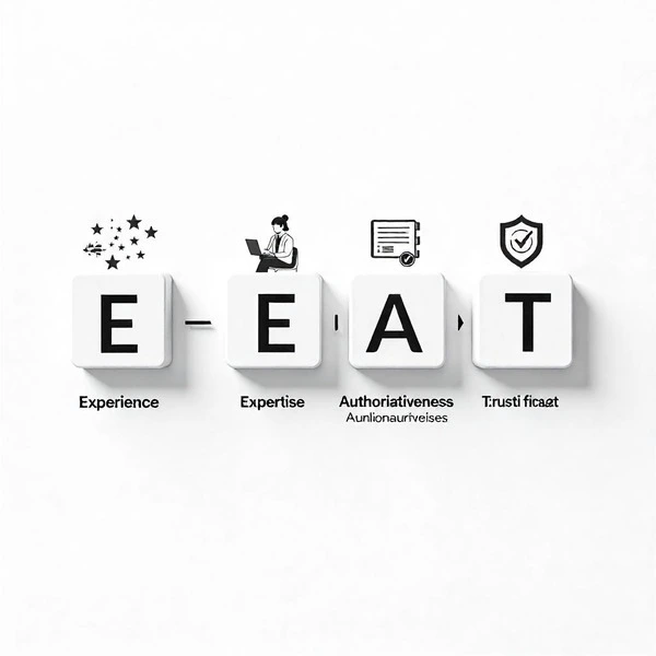 E-E-A-T SEO visual showing trust signals, author expertise, and ranking factors for Google in 2025