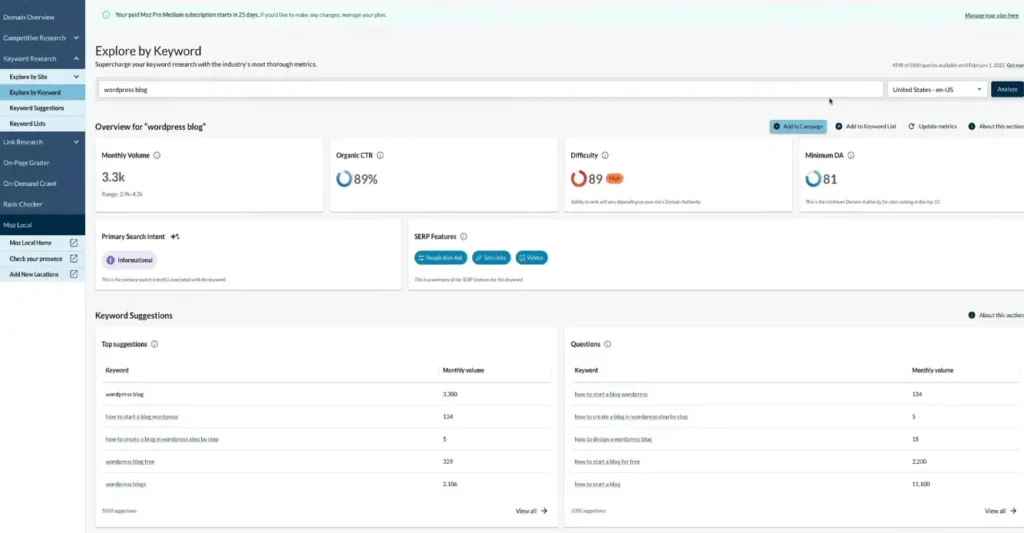 Moz Pro keyword research tool interface