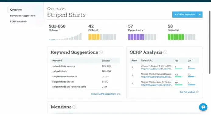 Moz Keyword Explorer Dashboard showing keyword suggestions and difficulty scores