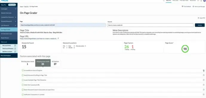 Moz On-Page Grader analyzing content and providing optimization tips for better SEO