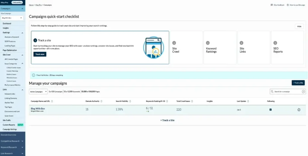 Moz Pro Review 2026 dashboard showing keyword research and site audit features