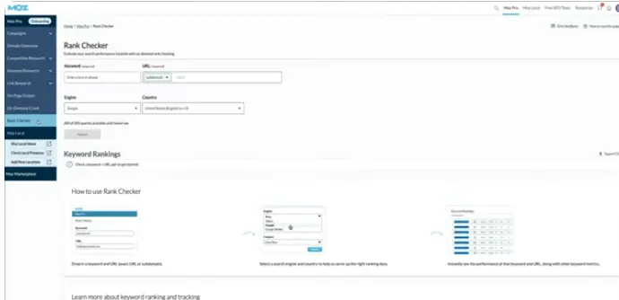 Moz Rank Tracker displaying keyword rankings across desktop and mobile devices