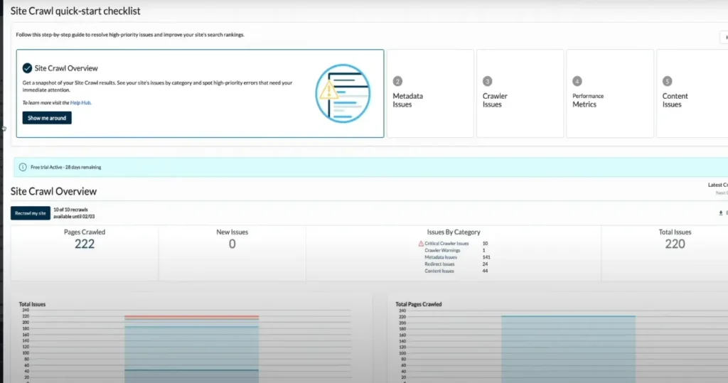 Moz Review site crawl audit report showing technical SEO issues