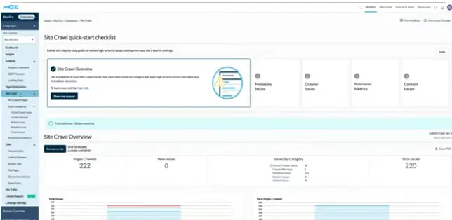Moz Site Audit tool showing crawl issues, technical errors, and SEO recommendations