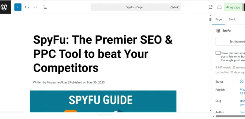 n-Page SEO optimization of SpyFu review article with high Rank Math score