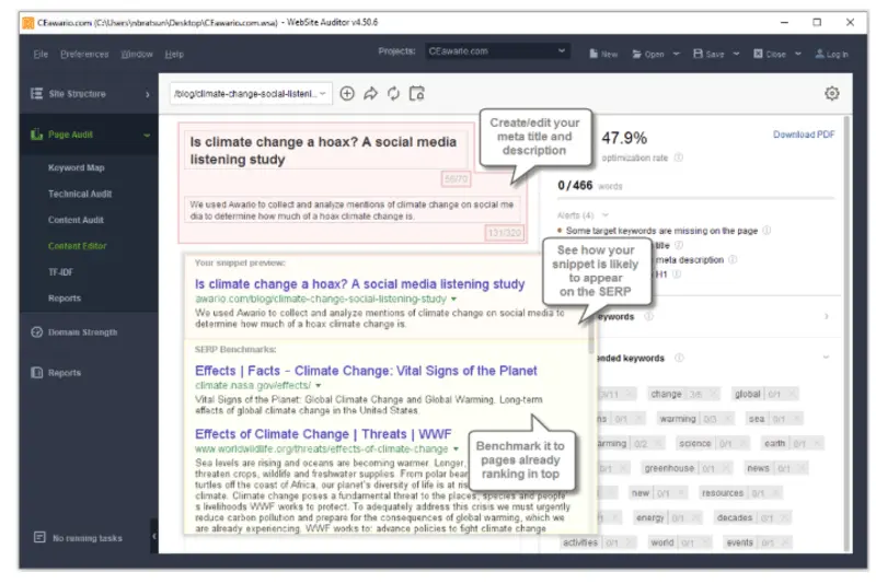 On-Page Content Editor interface with NLP integration