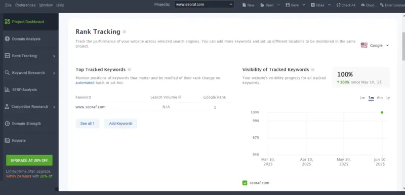 SEO PowerSuite rank tracking dashboard screenshot