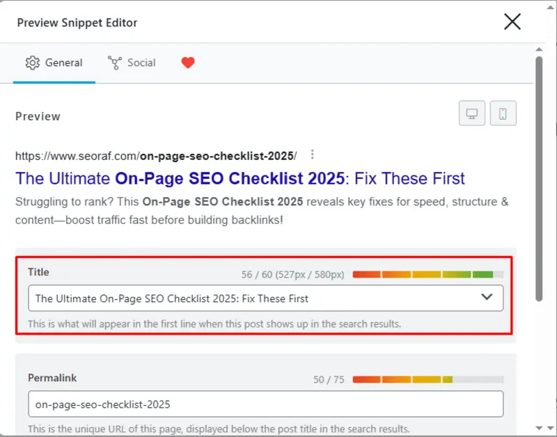 Screenshot showing a best practice SEO title tag example for higher rankings in 2025