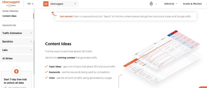Ubersuggest content ideas dashboard showing keyword suggestions, search volume, and SEO difficulty