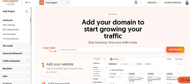 Ubersuggest dashboard showing keyword overview stats