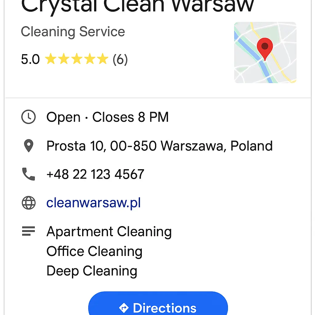 Google My Business optimized profile of Crystal Clean Warsaw with NAP and service categories