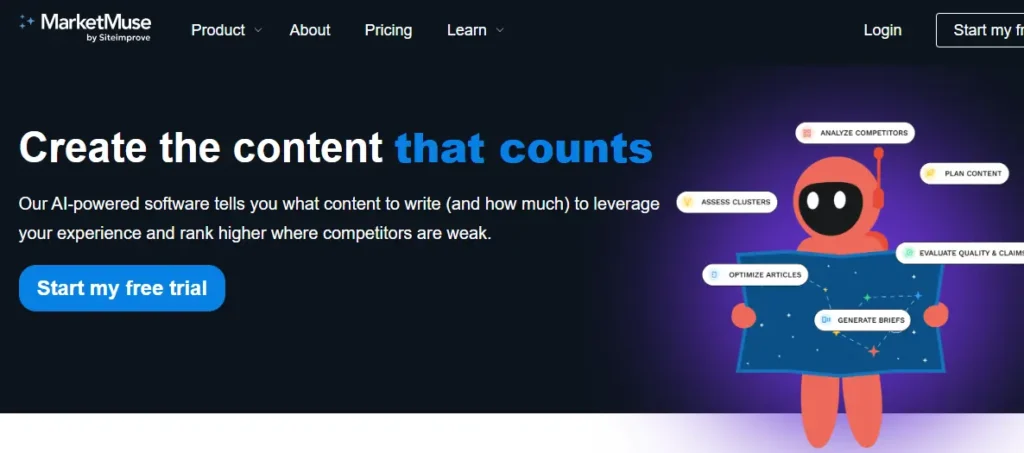 MarketMuse content optimization dashboard showing keyword analysis and content scoring