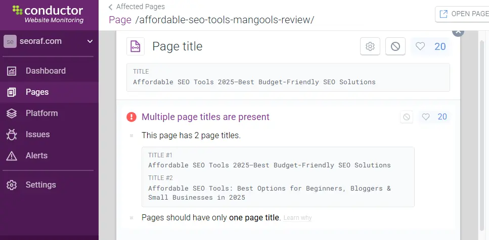 Real-time website monitoring interface displaying live SEO status and alerts.