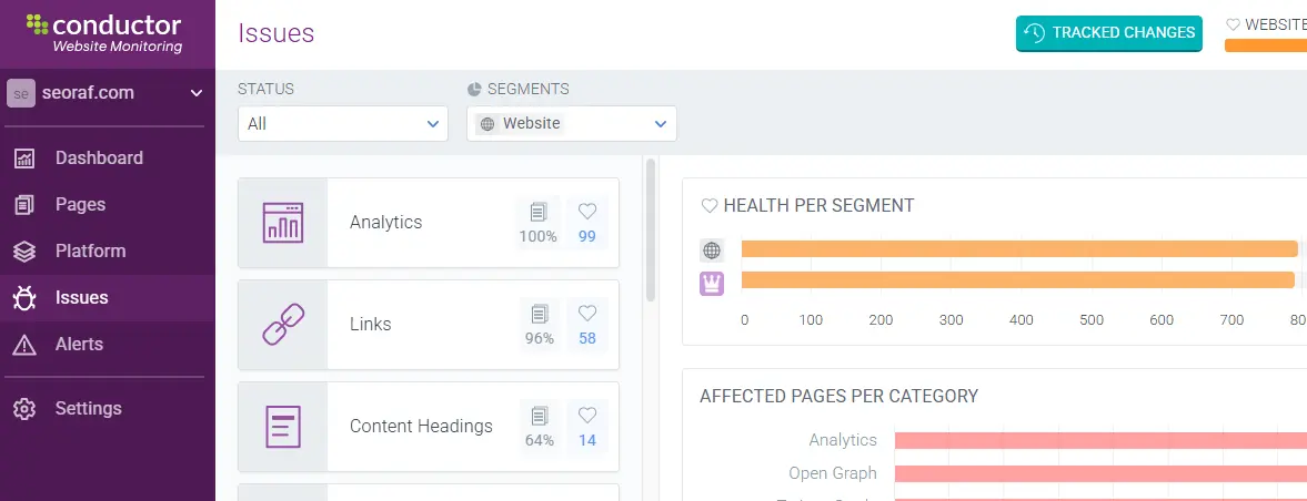 SEO change tracking dashboard highlighting recent updates and modifications on a website.