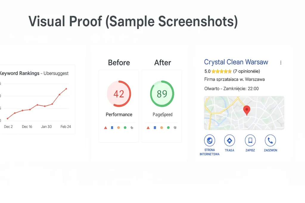 SEO visual proof with ranking charts, page speed improvements, and GMB listing example