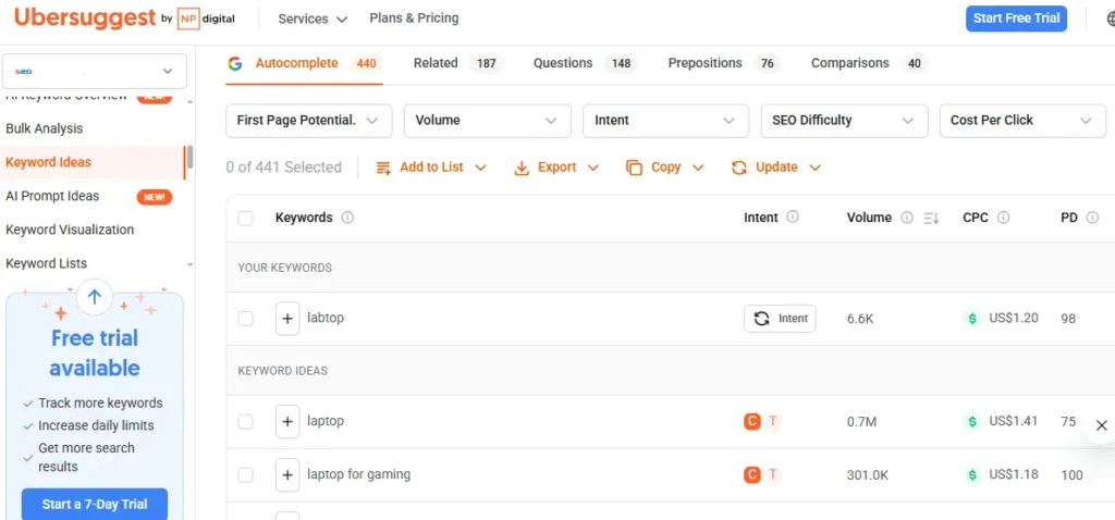 Ubersuggest Keyword Research Tool Screenshot