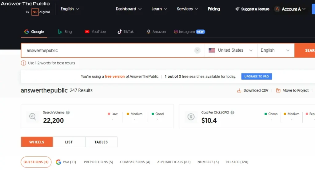 AnswerThePublic key features including keyword visualization, trend monitoring, and export options