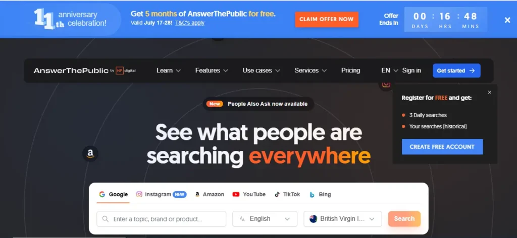 AnswerThePublic dashboard showing keyword questions visualization