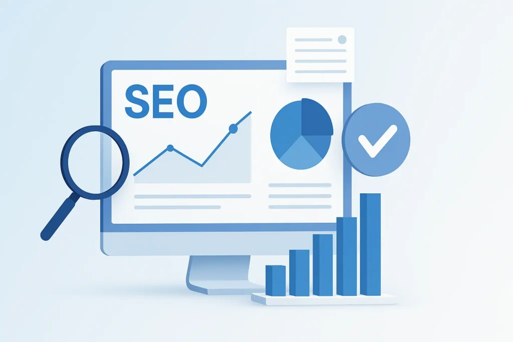 ContentKing Review: 3D isometric illustration of an SEO monitoring dashboard with graphs, magnifying glass, and charts showcasing ContentKing features