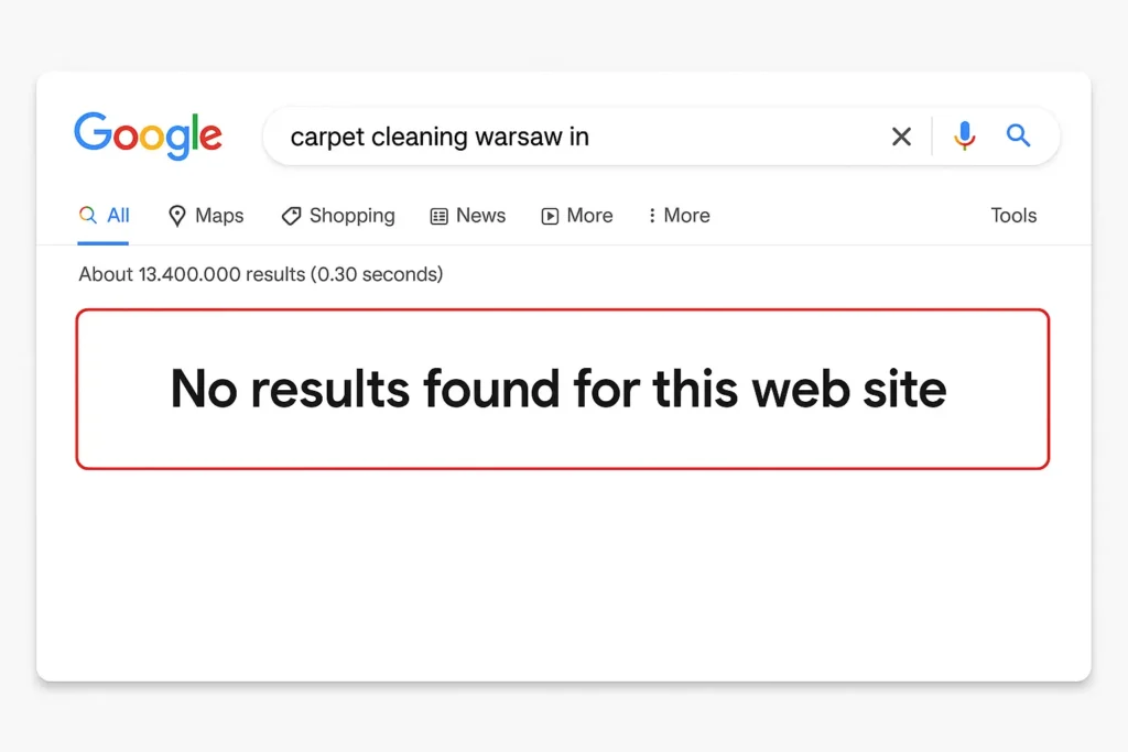 Google search results page showing Crystal Clean Warsaw not ranking for local cleaning keywords