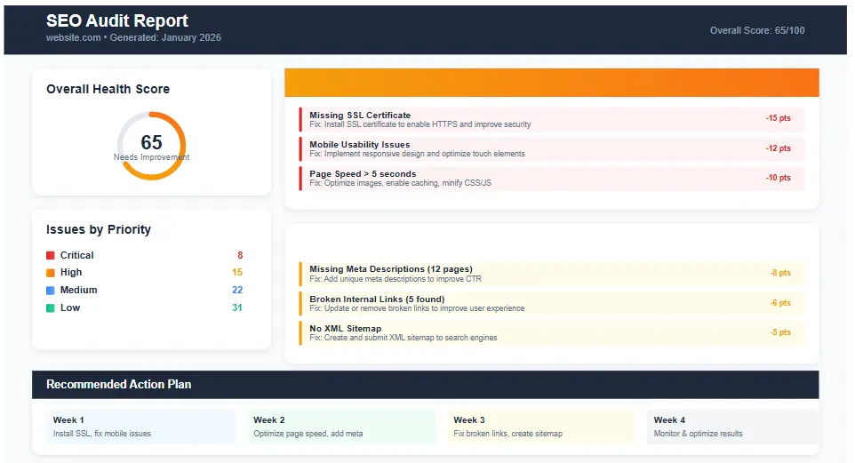 SEO audit report example showing priorities and fixes