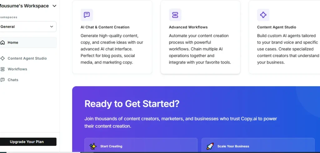 Copy.ai dashboard showing AI writing tool interface