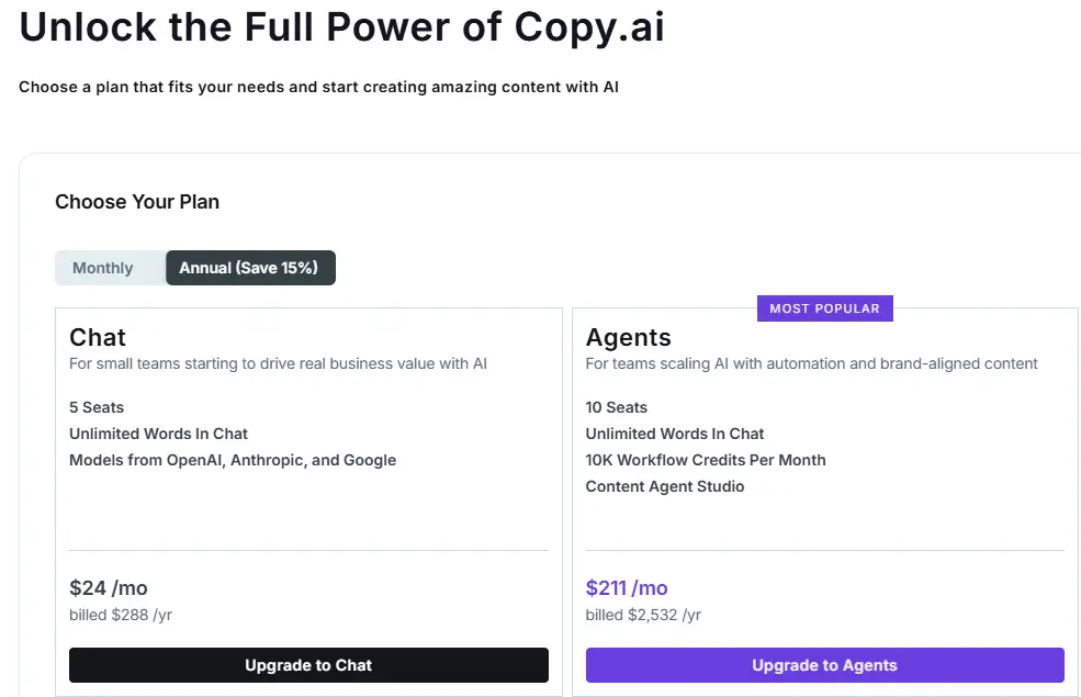 Copy.ai pricing plans comparison table