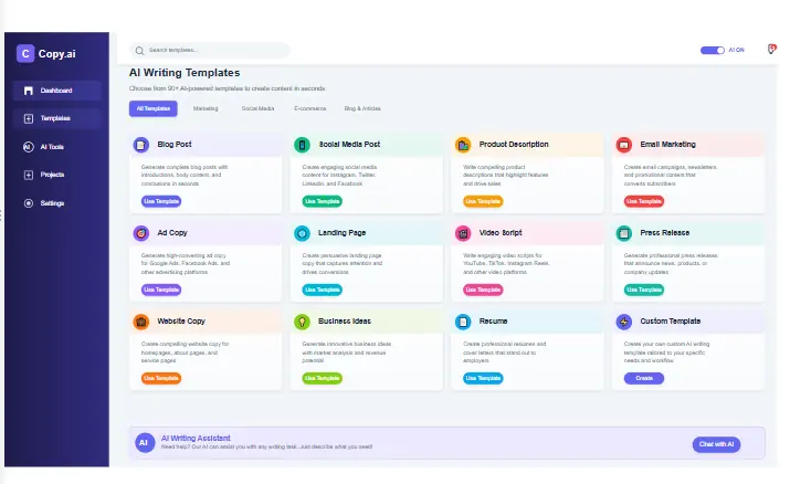 Copy.ai templates interface showing various AI writing tools
