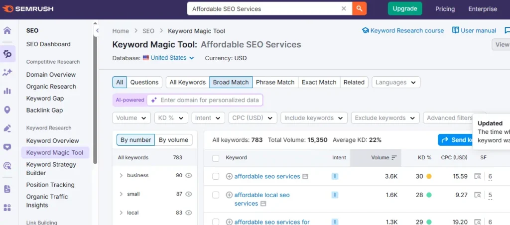 Entering seed keyword in SEMrush keyword research tool
