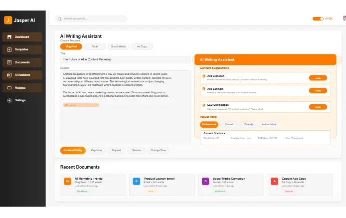 Jasper AI generating content with AI writing assistant interface
