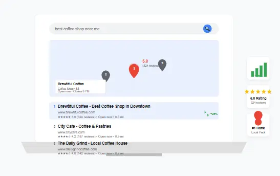 Local SEO for small business showing Google Maps results with top ranking
