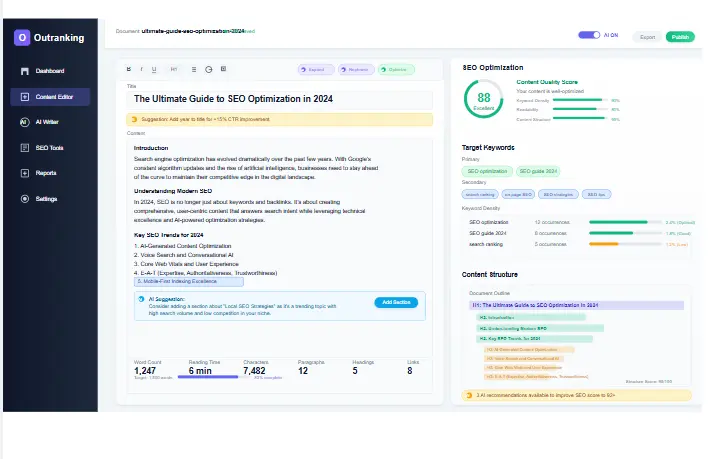 Outranking Review showing content editor interface