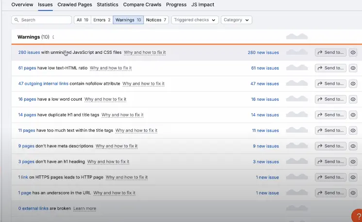 SEMrush Site Audit Dashboard showing comprehensive technical SEO analysis