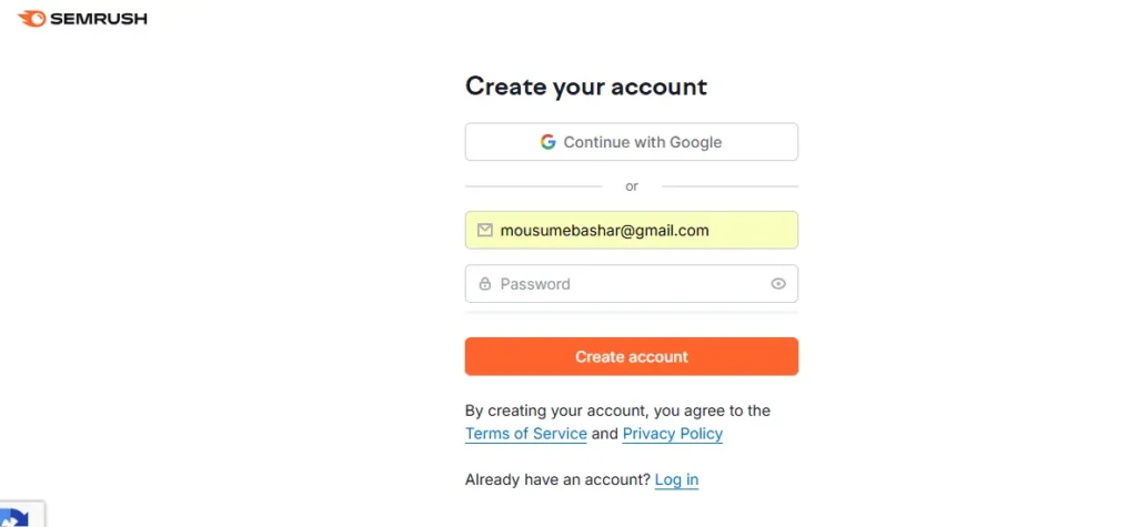 SEMrush account setup interface