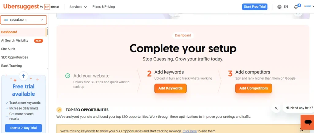 SEO tool dashboard showing keyword research, rank tracking, competitor analysis, and site audit metrics