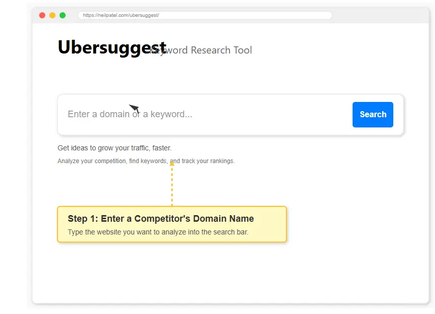 Step 1 of Ubersuggest competitor analysis entering domain name