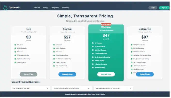 Systeme.io Pricing Plans - This Systeme.io Review shows the different pricing tiers