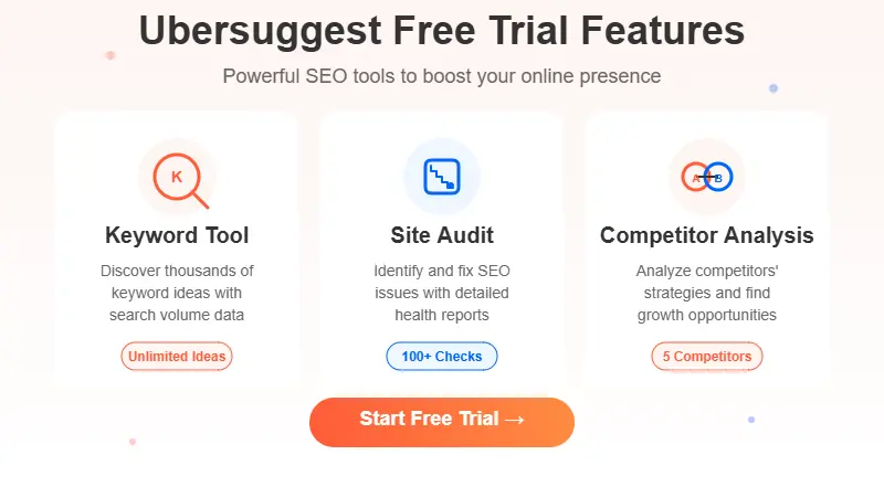 Ubersuggest free trial features including keyword tool, site audit, and competitor analysis