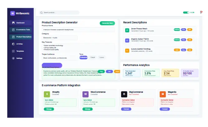 Writesonic Reviews e-commerce product descriptions generated for online stores